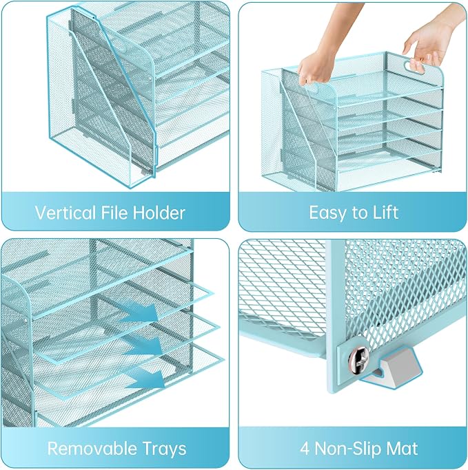 SUPEASY 5-Tier Desk Organizer with File Holder, Desk Organizers and Accessories, Paper Organizer for Desk, Mesh Desktop File Organizer, Workspace Organizers for Office School Home, Blue