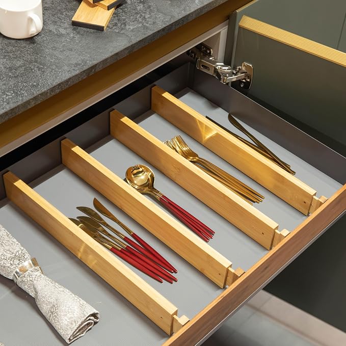 Basicwise 4 Piece Bamboo Expandable Drawer Dividers Adjustable Spring Loaded Organizers for Kitchen Utensils Clothes and Makeup Tools Perfect for Home Organization in Bedroom Bathroom Dresser & Desk