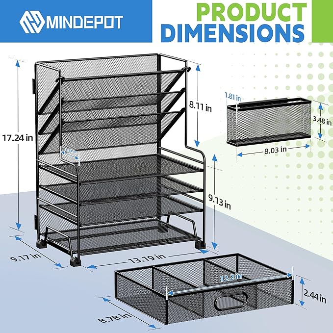 MINDEPOT 4-Tier Paper Organizer + 3-Pocket File Holder + Drawer + Pen Holders, Desktop File Organizers Paper Tray for Office Accessories School Classroom Organization (Black)