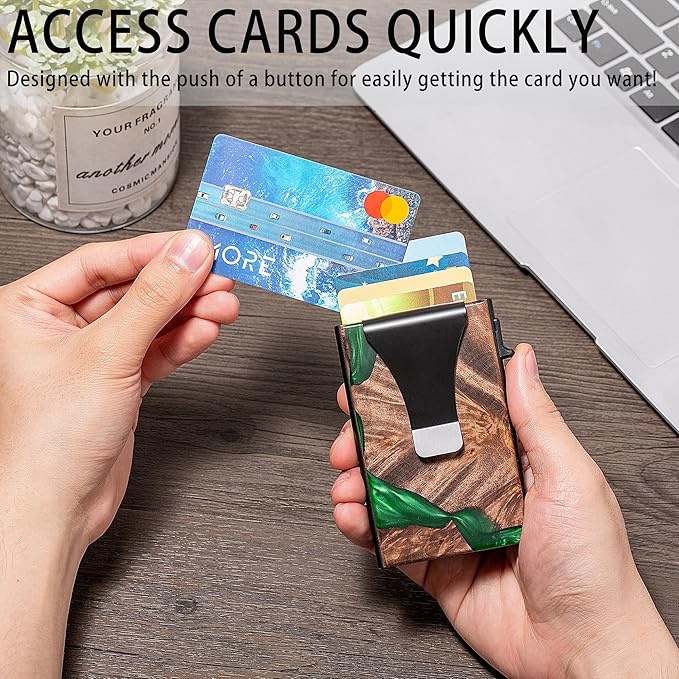 Slim Aluminum Wallet for Men, RFID Blocking Minimalist Matel Pop Up Card Holder Wallet, Holds 8+ Cards,Durable Removable Money Clip & Money Pocket(Resin Green Wood)