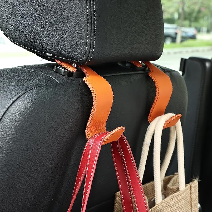 Amooca Car Seat Headrest Hook Universal Vehicle Storage Hanger Leather with Metal Car Seat Back Organizer for Handbag Purse Coat Orange 4 Pack