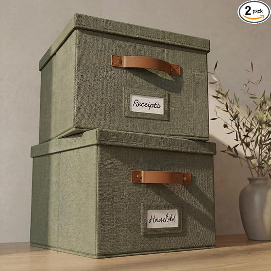 ZICOTO Decorative File Organizer Box Set of 2 - Collapsible Linen Filing Cabinets w/Handles Are Perfect to Store all Your Documents & Hanging File Folders - Portable Easy Slide Crates with Lid