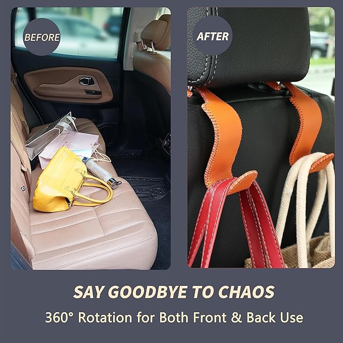 Amooca Car Seat Headrest Hook Universal Vehicle Storage Hanger Leather with Metal Car Seat Back Organizer for Handbag Purse Coat Orange 4 Pack