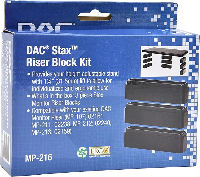 DAC Stax Leg Block Kit for Height-Adjustable Rectangular Monitor Stand, 3-Piece, Raise Monitor Riser by 1-1/4"