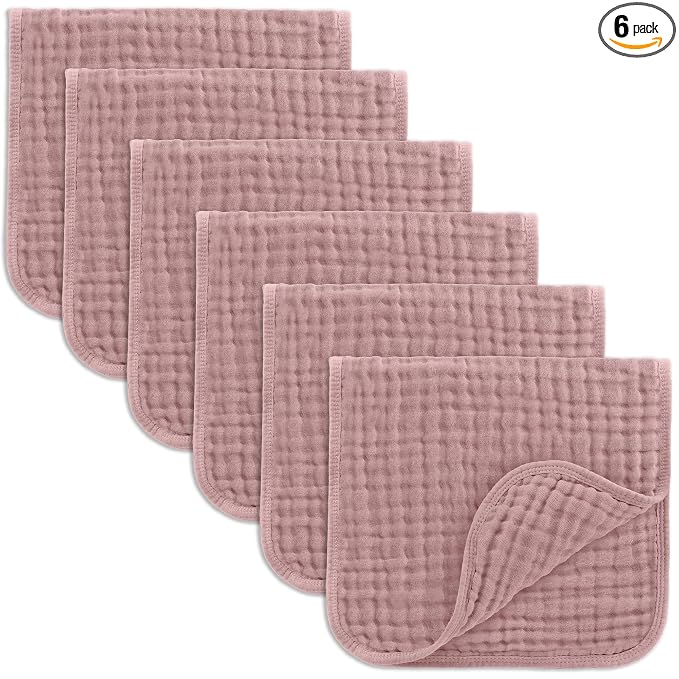 Comfy Cubs Muslin Burp Cloths 20" x 10", Pack of 6 - Large, 6-Layer, Ultra Absorbent 100% Cotton for Baby Drool and Messes - Soft, Safe & Gentle Baby Burp Cloths Set for Boys & Girls - Mauve