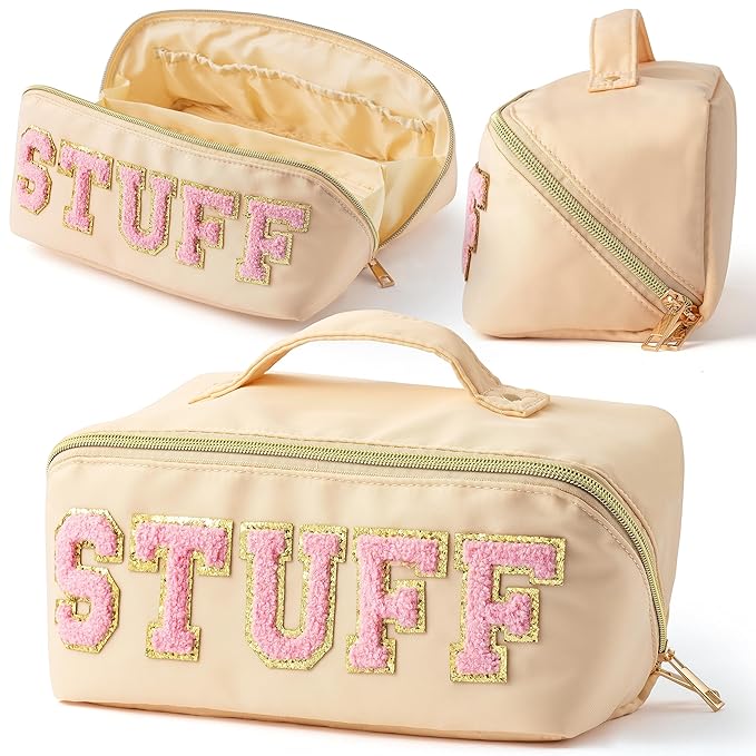 Y1tvei Pink Stuff Makeup Bag - Large Capacity Beige Cosmetic Pouch, Nylon Stony Clover Nylon Stony Clover Makeup Pouch Outfit Decoration Wide Open Cosmetic Package Travel Gift for Women Birthday Party