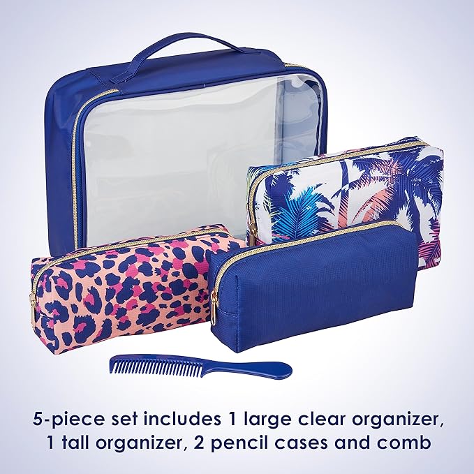 Conair 5 Piece Toiletry and Cosmetic Bag Set Under $30, Includes 4 Makeup Bags and 1 Travel Comb in Blue Palm Prints (Pack of 2)