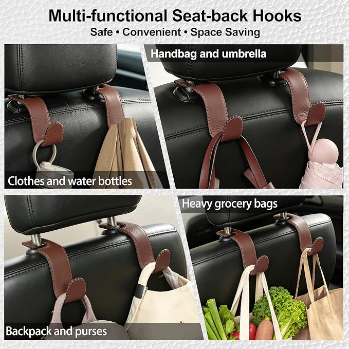 Amooca Car Seat Headrest Hook, Universal Vehicle Storage Hanger, Leather with Metal Car Seat Back Organizer for Handbag, Purse, Coat, Ergonomic Design, Brown 4 Pack