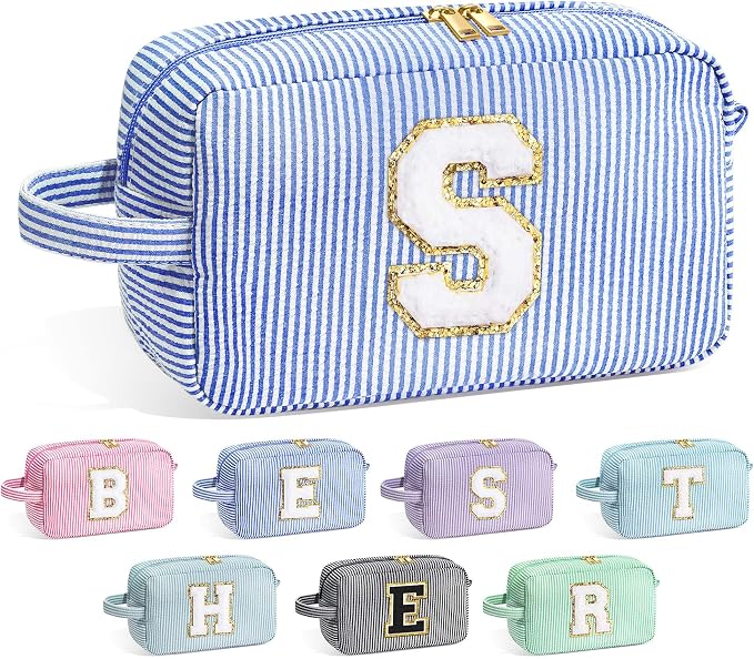 YOOLIFE Birthday Gifts for 6 7 8 9 10 11 12 13 14 15 Year Old Teen Girl - Initial Makeup Bag Letter Toiletry Pouch Cosmetic Case, Personalized Teen Girl Gifts Trendy Stuff Party Favor, Blue S