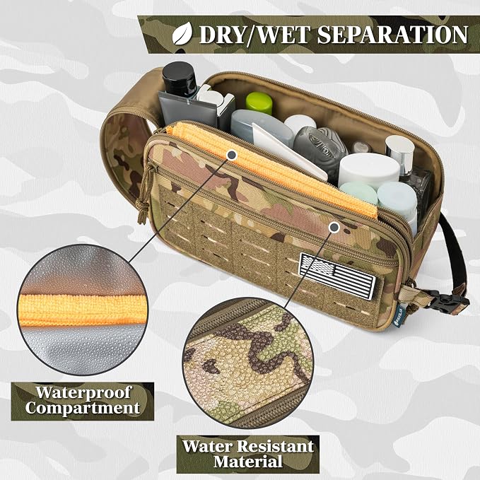 PAVILIA Tactical Toiletry Bag for Men, Water Resistant Molle Military Dopp Kit, Travel Hygiene Organizer with Wet Dry Storage for Shaving, Grooming, Gym and Camping, Camo XL