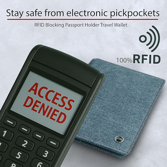 RFID Travel Passport Holder – Slim Credit Card & Document Organizer, Boarding Pass Wallet, Denim Eco Plane Essential Case Cover for Men Women (Blue Denim)