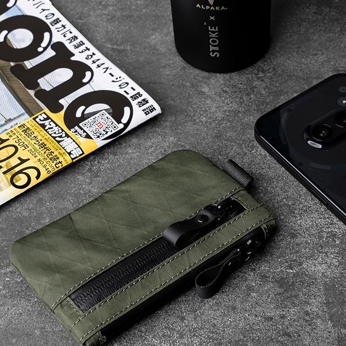ALPAKA Zip Pouch Dark Green X-Pac- RFID-Blocking Small Cash and Card Zip Wallet with Carbon Neutral, Weatherproof Fabrics, YKK Zipper, EDC Pouch for Men Travel
