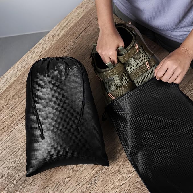 PALTERWEAR Tech-Weave PU-Coated Drawstring Bags (Set of 5) Water-Resistant, Directional-Stretch Travel Organizers for Gym, Shoes, Toiletries, Tech Gear - Durable, Wipe-Clean (Black 3D, 10 x 15 Inch)