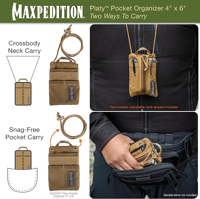 MAXPEDITION Platy Pocket Organizer, Durable EDC Tool Pouch for Men, Neck Wallet with Paracord Lanyard, Holds Flashlight, Multitool, Pen, Notebook