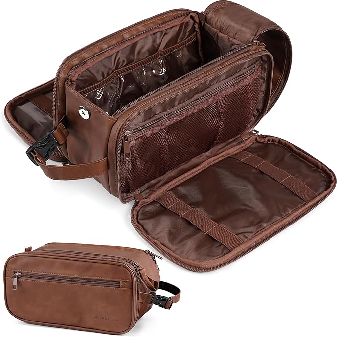 PAVILIA Toiletry Bag for Men, Hanging Travel Dopp Kit Organizer, PU Leather Water Resistant Bathroom Bag for Shaving Grooming, Large Capacity Cosmetic Bag Travel Essentials, Brown