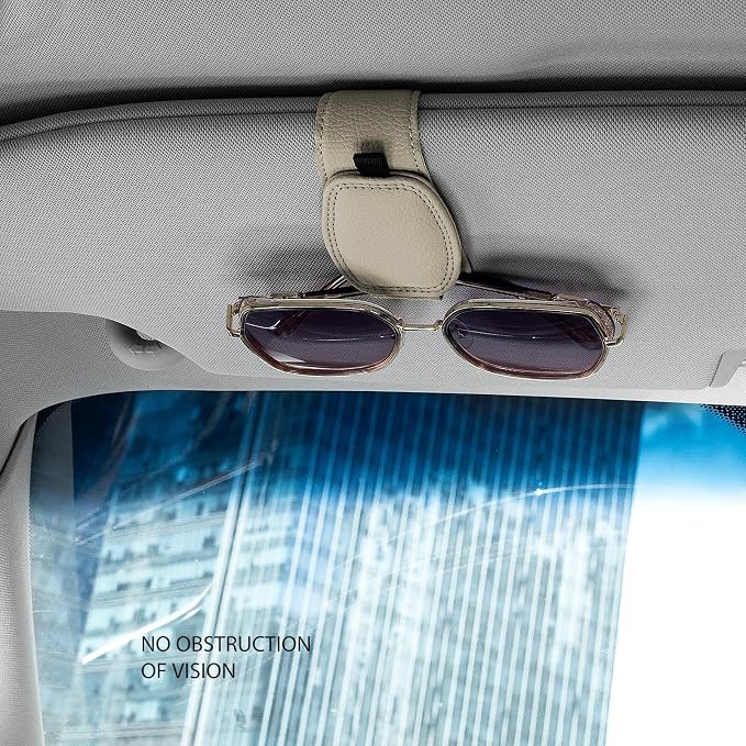 2 Pack Magnetic Leather Sunglasses Holder For Car，Car Visor Accessories And Ticket Card Clip，Fit Different Size Eyeglasses (Beige)