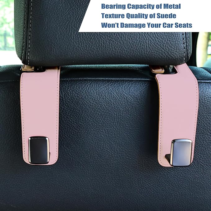Amooca Car Seat Back Hook Universal Auto Storage Hanger Suede with Metal Car Seat Organizer for Handbag Purse Coat Umbrellas Grocery Bags 2 Pack Pink
