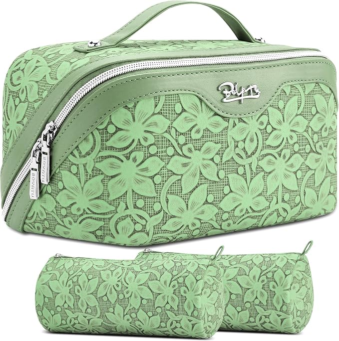 BOYATU Travel Makeup Bag Cosmetic Bags for Women: Large Capacity 3 Pcs Set Make up Bag with Compartments - Waterproof Vegan Leather Toiletry Organizer Bags with Handle (Z-65Light Green)