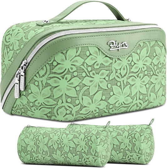 BOYATU Travel Makeup Bag Cosmetic Bags for Women: Large Capacity 3 Pcs Set Make up Bag with Compartments - Waterproof Vegan Leather Toiletry Organizer Bags with Handle (Z-65Light Green)