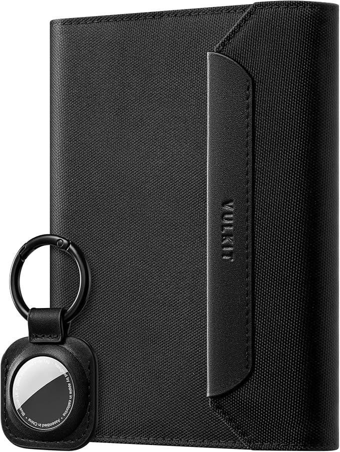 VULKIT Passport Wallet with Detachable AirTag Holder, Vegan Leather Passport Holder, RFID Blocking, Travel Essential, Magnetic Closure, Black