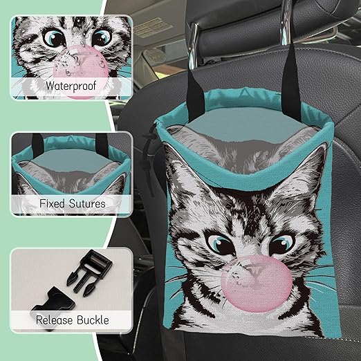 Cute Cat Car Trash Bag,Kitten Blow Bubble Gum Hanging Drawstring Car Garbage Bag,Waterproof Canvas Car Back Seat Organizer with Adjustable Buckle,for Vehicles,SUVs,Camping,Road Trips