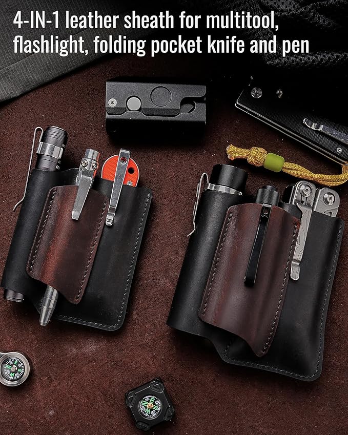 VIPERAED PJ38 Leather Multitool Sheath for Men, 4-in-1 Utility Leather Holster, EDC Pocket Organizer for Pocket Knife Multitool Flashlight and Pen