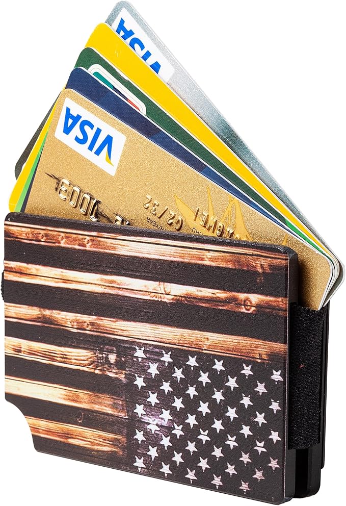 Slim Wallet for Men,RFID Blocking Minimalist Metal Wallet, Money Clip/Cash Holder, Front Pocket Aluminum Credit Card Holder, Ideal Gift for Men,Wood-American USA Flag