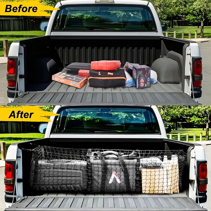 BUMBEE Heavy Duty Mesh Cargo Net 3 Pocket Trunk Bed Storage for 2005-2024 Toyota Tacoma Car, SUV, Pickup Truck Bed with Metal Carabiners Storage Bag(46x14x17Inch)