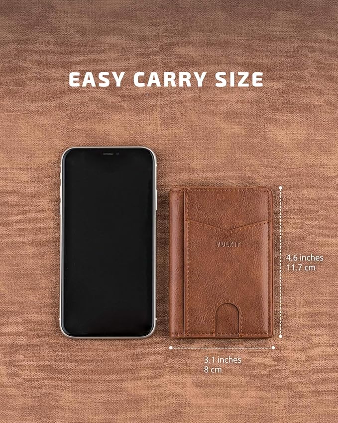 VULKIT Bifold Front Pocket Slim Wallet RFID Blocking Minimalist Thin Leather Credit Card Holder Wallet for Men and Women Brown