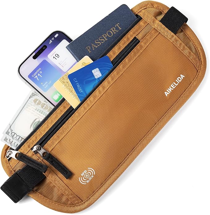 RFID Blocking Money Belt - Passport Holder & Travel Wallet, Slim Hidden Fanny Packs for Women Men - Gold