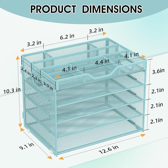 5 Tier Paper Letter Tray with 3 Drop-in Pen Holders, Mesh Desk File Organizer with Handle, Desk Organizers and Accessories for School,Home, Office Supplies Storage-Blue