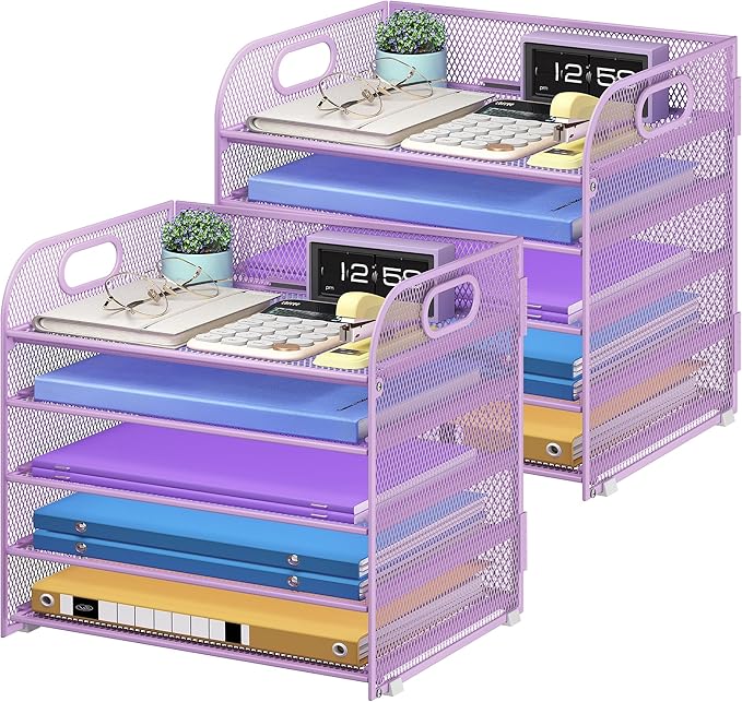 Cawukege 2 Pack 5 Tier Paper Organizer, Letter Tray with Handle, Mesh Desk Organizer, Metal File Organizer, Office Desk Accessories for Home, Office, Classroom, School -Purple