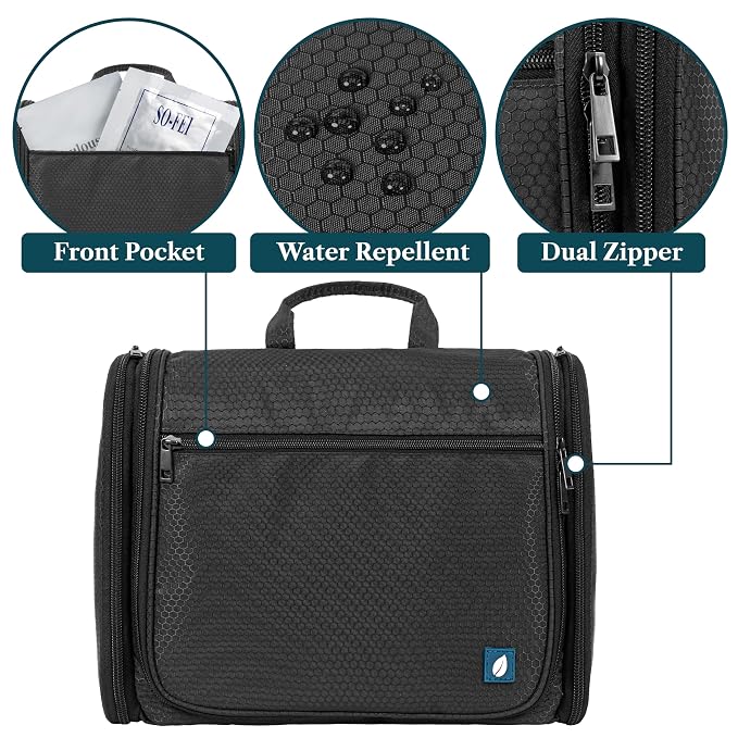 PAVILIA Large Hanging Toiletry Bag for Women Men, Travel Cosmetic Organizer with 10 Compartments, Swivel Hook and 3 Leakproof Pockets, Water Resistant Makeup Case, Packs Flat, Black
