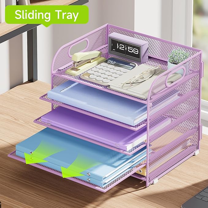 Cawukege 2 Pack 5 Tier Paper Organizer, Letter Tray with Handle, Mesh Desk Organizer, Metal File Organizer, Office Desk Accessories for Home, Office, Classroom, School -Purple