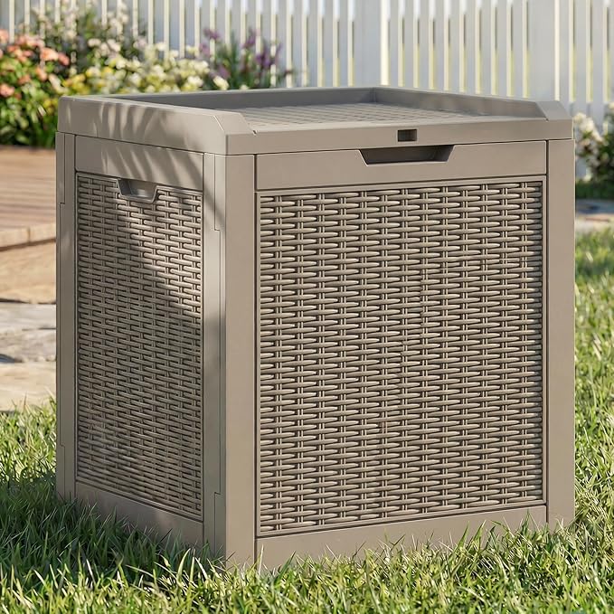 YITAHOME 32 Gallon Deck Box, Indoor Outdoor Storage Box for Patio Furniture, Pool Accessories, Cushions,Garden Tools,Sports Equipment, Waterproof Resin Rattan with Lockable Lid and Side Handles(Brown)