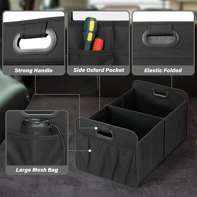 HealSmart Car Trunk Organizer, Foldable 2 Compartment Automotive Storage Accessories with 50L Capacity, 600D Waterproof Oxford Polyester, Non Slip Bottom, Black, 2 Pack