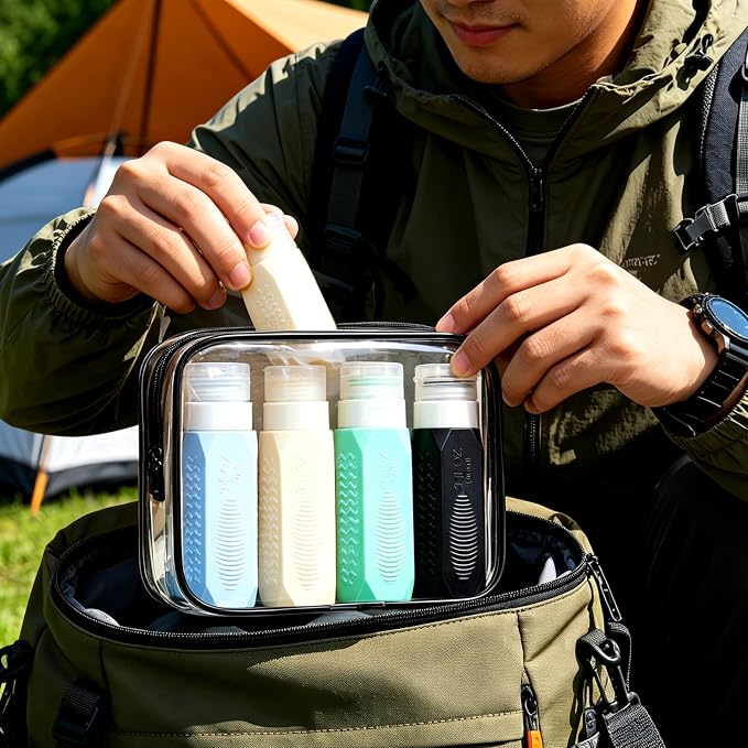 4 Pcs Silicone Travel Bottles for Toiletries, TSA Approved 2oz Squeeze Containers, Refillable LeakProof Travel Size Accessories for Shampoo Lotion Body Wash, Travel Essentials with Clear Bag