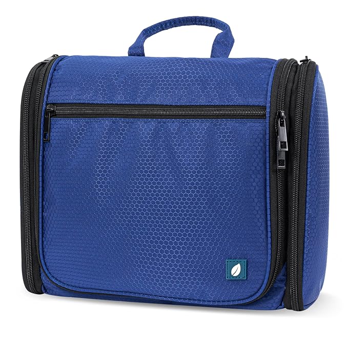 PAVILIA Large Hanging Toiletry Bag for Men, Travel Toiletry Organizer with 10 Compartments, Swivel Hook and 3 Leakproof Pockets, Water Resistant Shaving Kit Case, Packs Flat, Blue
