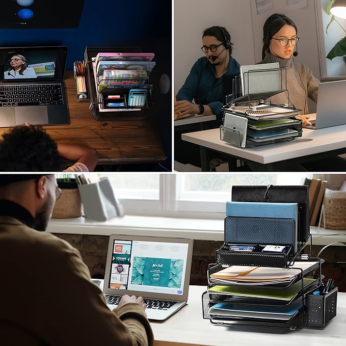 DESIGNA Stackable Mesh Desk Organizer with 3 Sliding Letter Tray Drawers, 4 File Holders Sorter Section, 2 Side Compartments, Pencil Holder Non-slip All In One Desktop Organizers Office Storage, Black