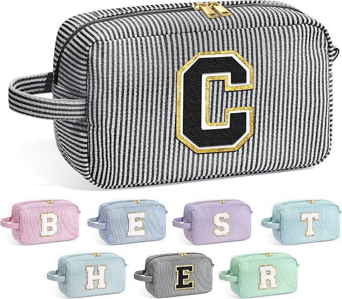 YOOLIFE Birthday Gifts for 6 7 8 9 10 11 12 13 14 15 Year Old Teen Girl - Initial Makeup Bag Letter Toiletry Pouch Cosmetic Case, Personalized Teen Girl Gifts Trendy Stuff, Black C