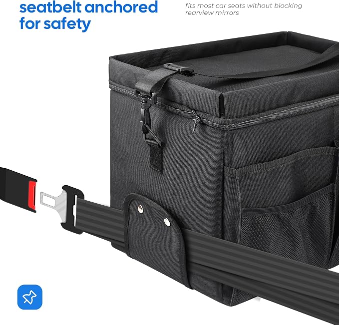 Car Organizer & Cooler – Durable Oxford Fabric Exterior & Waterproof Liner, Portable Car Storage & Insulated Cooler Box with Dividers, Cup Holders & Tissue Pocket – Black [2025 Upgraded]