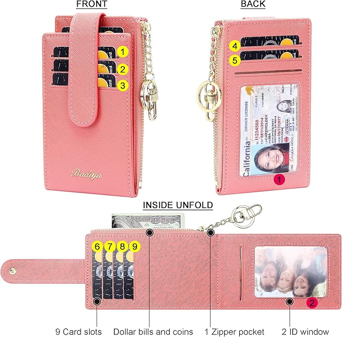 Badiya Slim Women Wallet RFID Blocking Bifold Compact 9 Card Slots Holder Wallets Soft Leather with Zipper Coin Pocket 2 ID Window