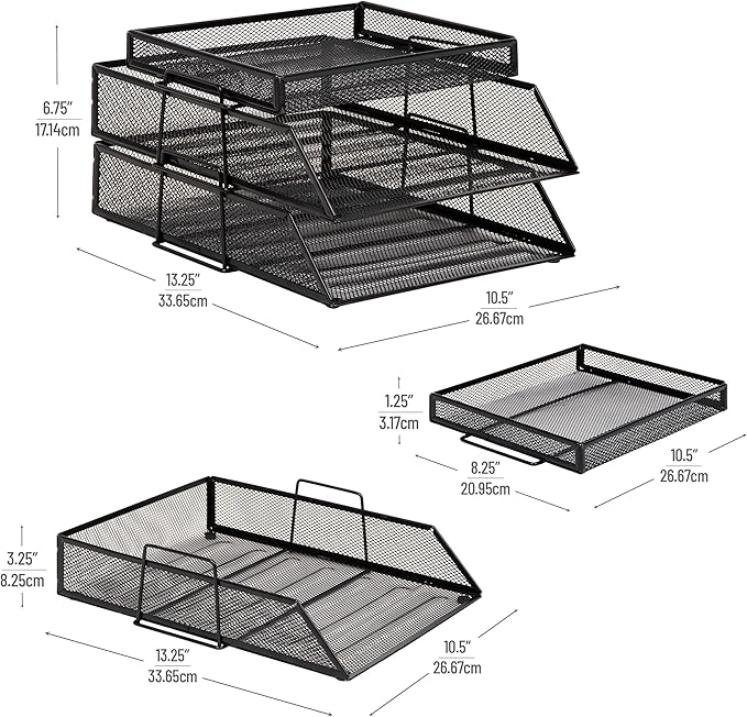 Mind Reader 2 Tier Paper Tray with Top Supply Compartment, Desktop File Organizer, Metal Mesh, Black