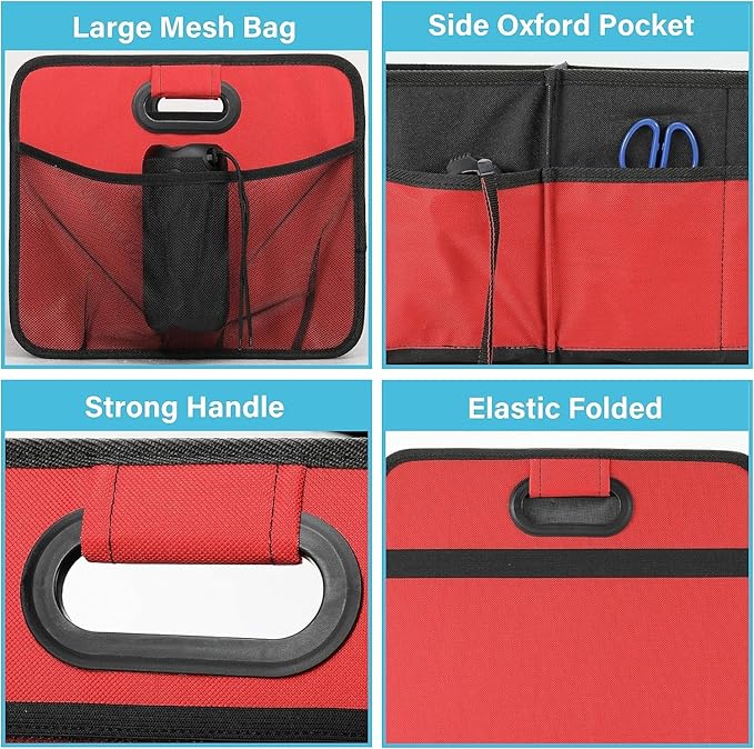 Simple Deluxe Trunk Organizer for Car/SUV/Truck, Collapsible 2 Compartment 50L Automotive Storage Box with 5 Pocket, 600D Waterproof Oxford Polyester, Anti-slip & Leak-proof, Red