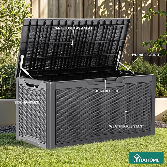 YITAHOME 100 Gallon Outdoor Storage Box, Large Water Resistant Resin Deck Box, Indoor Outdoor Lockable Storage Container for Patio, Garden, Cushions, Tools, Equipment (Dark Gray)