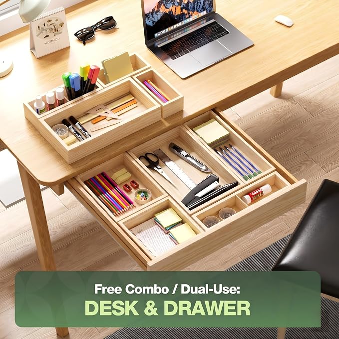 9-Pack Solid Wood Junk Drawer Organizer, Modular Desk Drawer Tray & Accessories with Non-Slip Pad, Multi-Use for Kitchen, Office, Bedroom Dresser, Utensil, Makeup, Stationery, Tea Bags & Coffee Pod