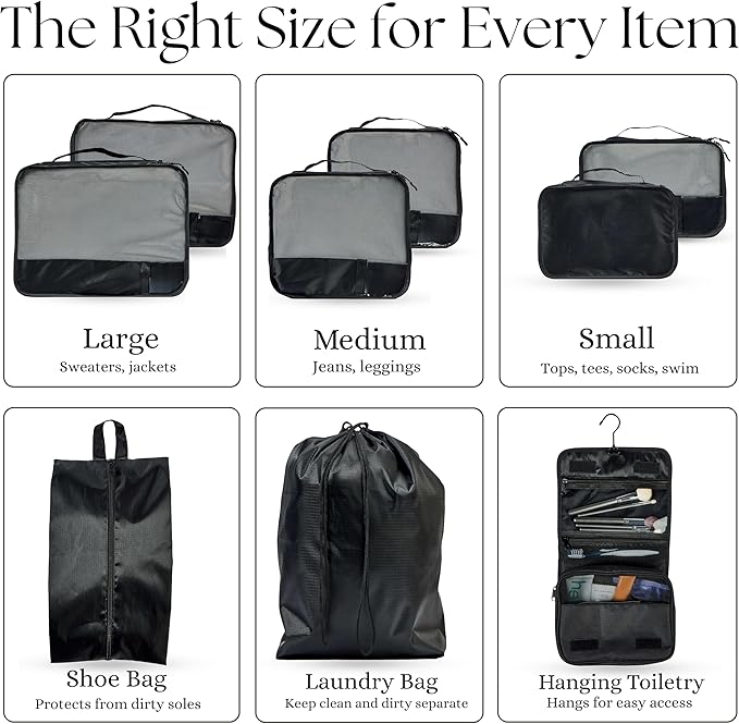 Packing Cubes Set – Cute Packing Cubes for Travel, Luggage Organizer Bags for Suitcase, For Kids & Family, Floral, Neutral & Aesthetic Travel Organizer Set -Black