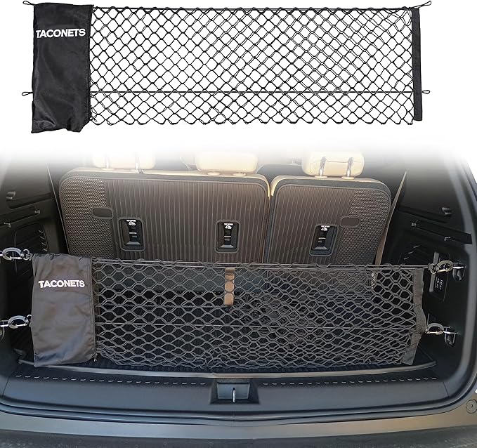 TacoNets Envelope Cargo Net for Acadia/Traverse/Enclave - Fits 2024-Current - Upgraded 5mm Bungee - Integrated Storage Bag - Heavy Duty Hooks - Designed in USA