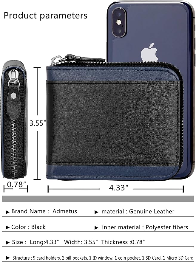 Admetus Mens RFID Blocking Wallets Zipper Leather Wallet for Men Bifold RFID Card Holder