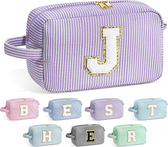 YOOLIFE Initial Makeup Bag for Women - Monogram Cute Makeup Bags Cosmetic Case Toiletry Pouch for Women Her Best Friend Sister Teacher, Personalized Birthday Gifts for Women, Purple J